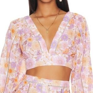 TULAROSA PINK, PURPLE FLORAL CROPPED LONG SLEEVE BLOUSE, SIZE  L